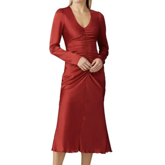 NISSA Dress Womens Small Red Satin Ruched Long Sleeve V Neck Midi Cocktail Party - Picture 1 of 14